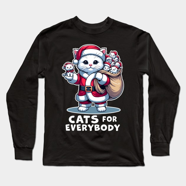 Cats For Everybody, Cat Santa Carries Cute Gift Kittens for everybody for Christmas, funny graphic tshirt for Cat Lovers Long Sleeve T-Shirt by Cat In Orbit ®